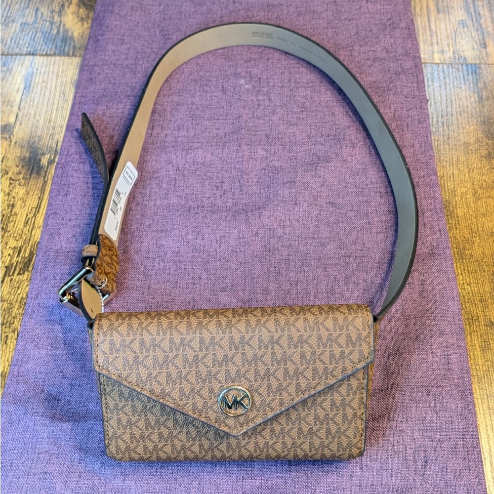 Michael Kors Belt Fanny Pack Wallet size L/XL Tan Monogram Crossbody Bag. NWT